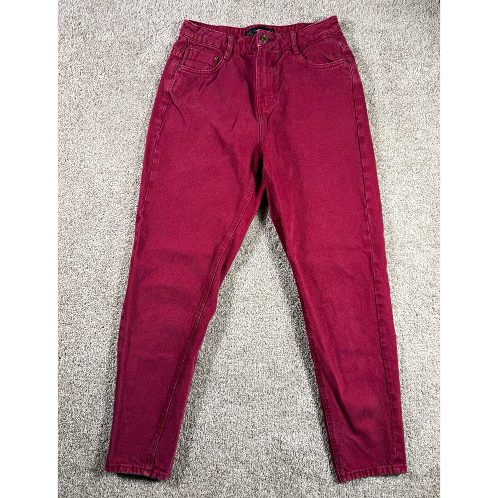 ZARA Trafaluc Women's Burgundy Solid Denim Jeans Button Closure 5-Pocket